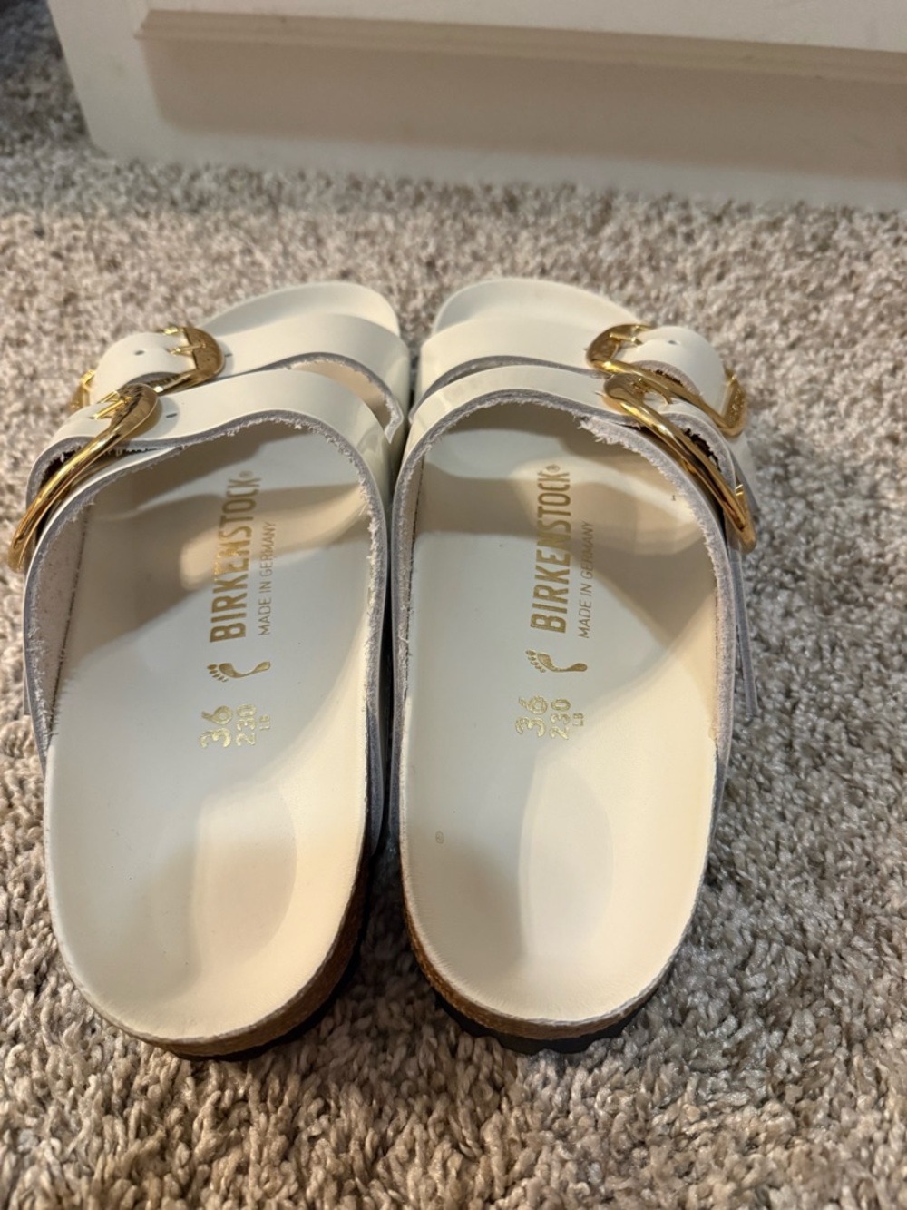 Birkenstock White Double-Strap Sandals with Gold Buckles - Picture 2 of 3